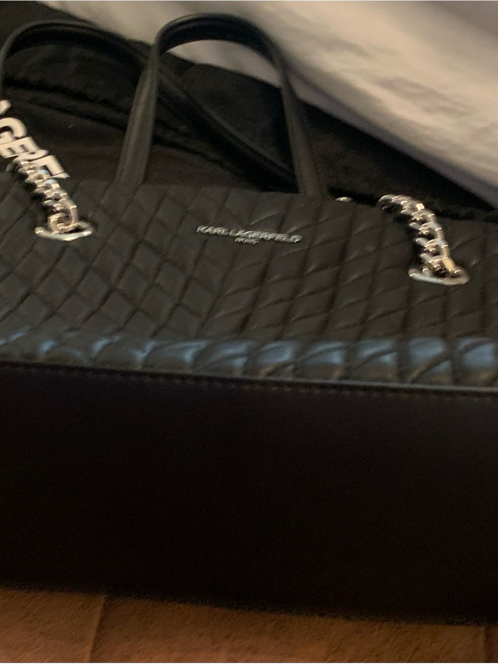Karl Lagerfeld Black Quilted Chevron Tote with Chain Straps - Picture 16 of 16